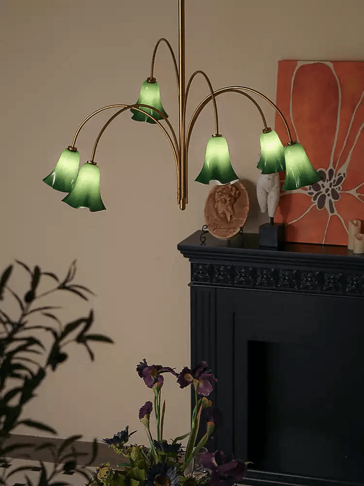 Brass Green Flower Petal Bell Shade Chandelier