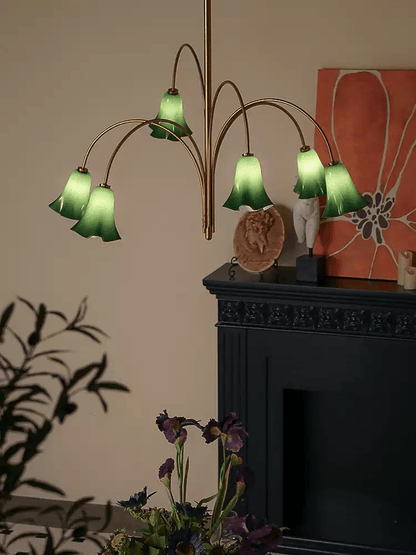 Brass Green Flower Petal Bell Shade Chandelier