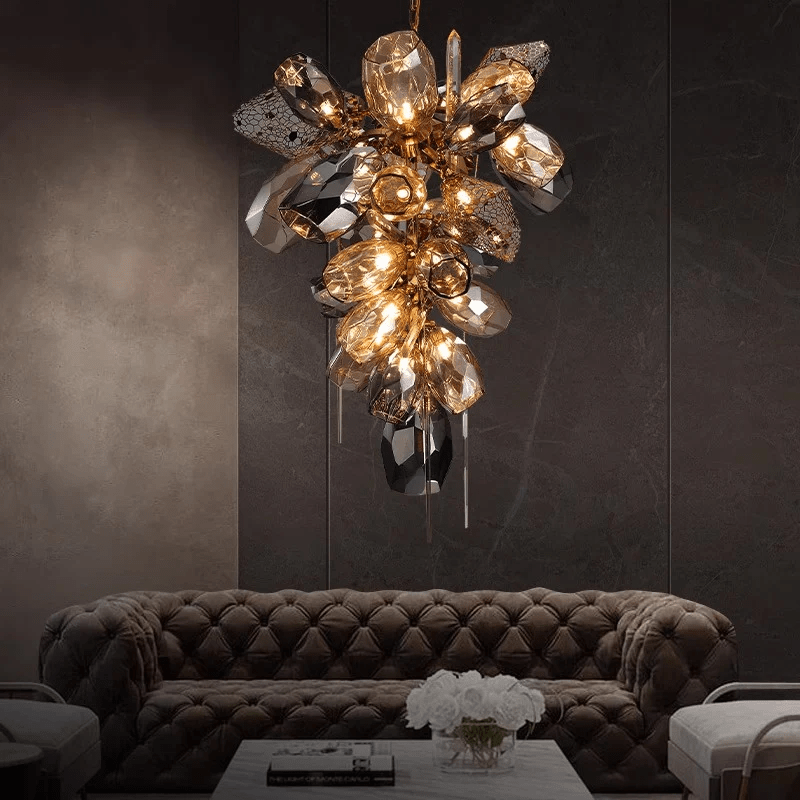 Contemporary Art Smoked Glass Crystal Metallic Mesh Chandelier