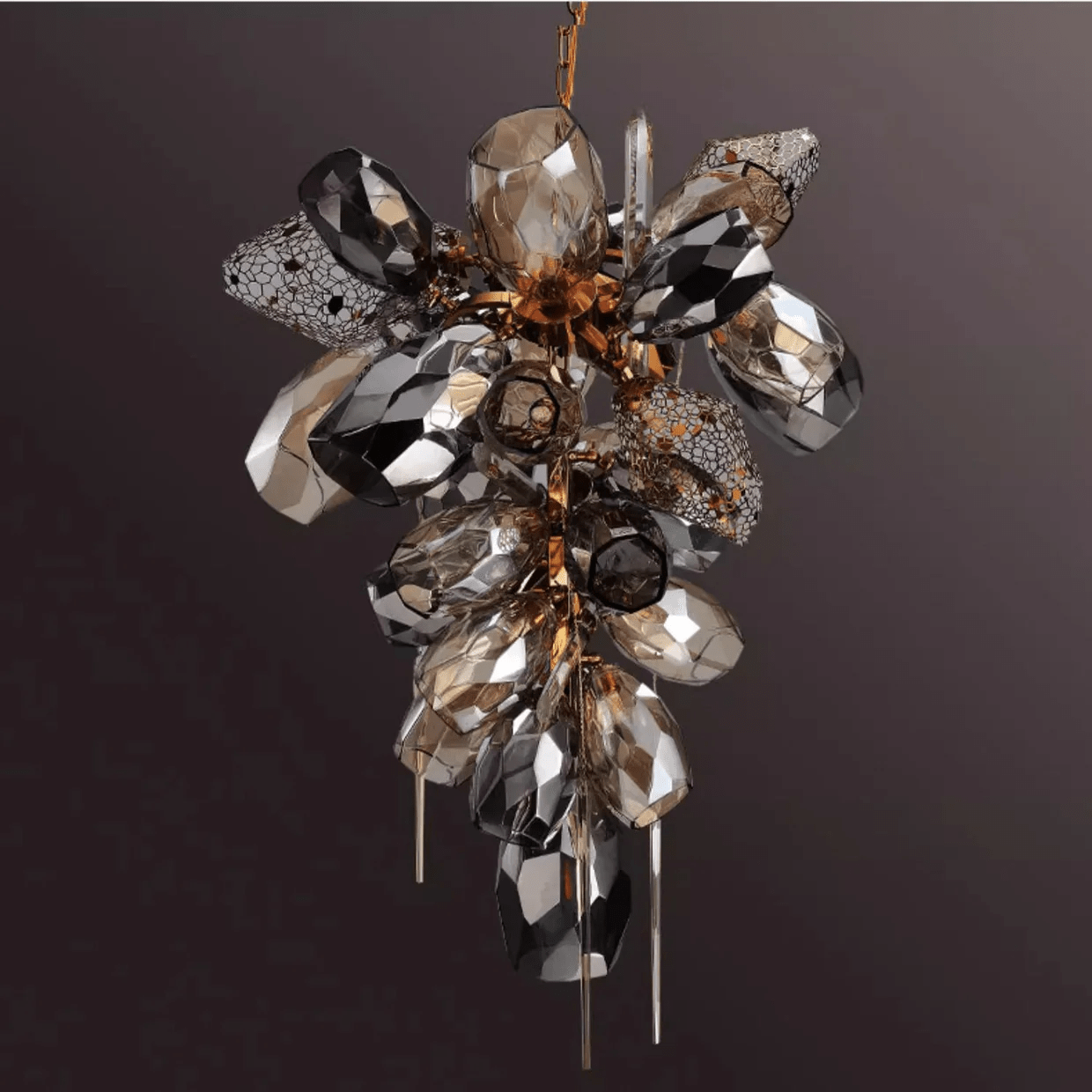 Contemporary Art Smoked Glass Crystal Metallic Mesh Chandelier