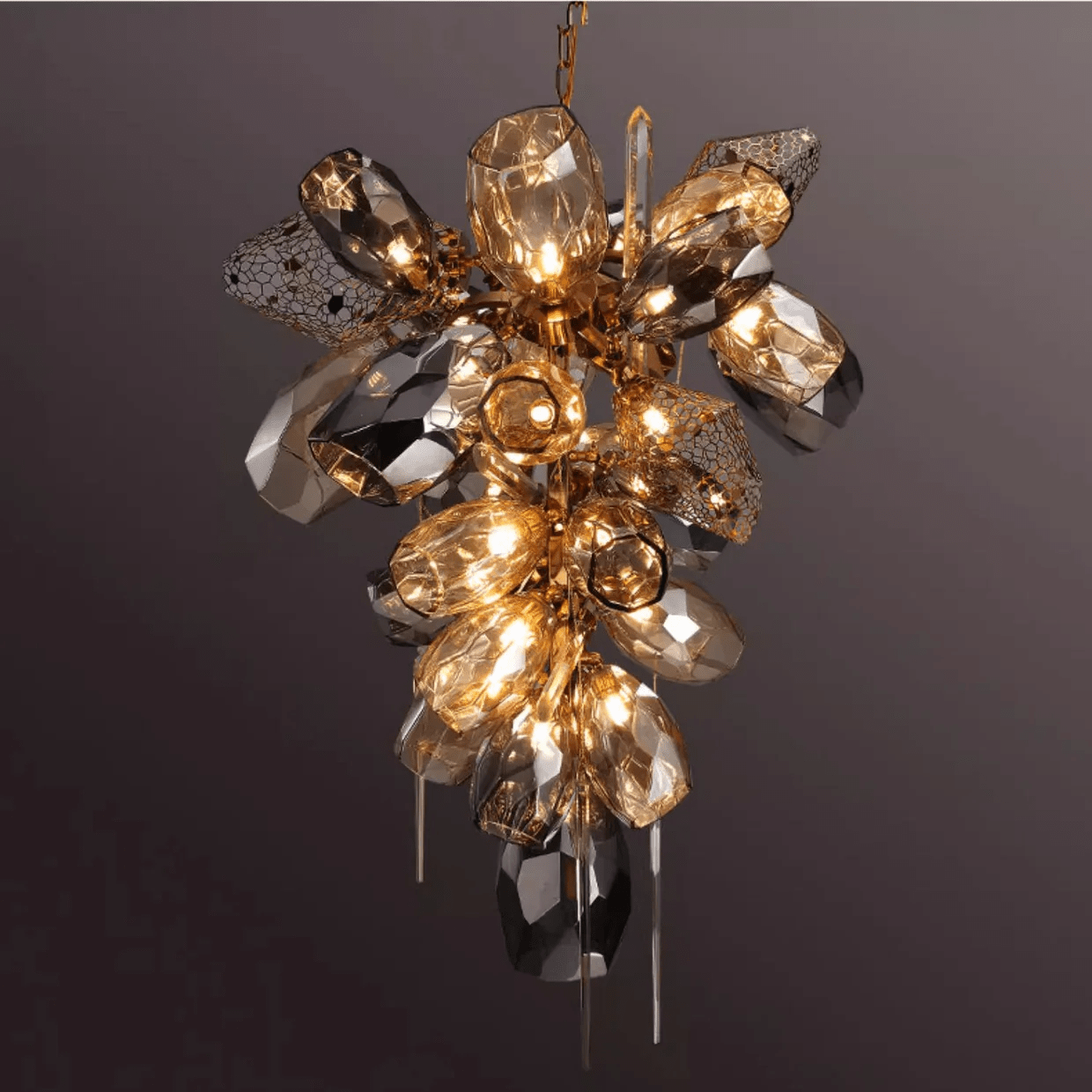 Contemporary Art Smoked Glass Crystal Metallic Mesh Chandelier