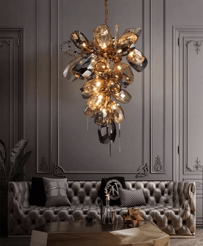 Contemporary Art Smoked Glass Crystal Metallic Mesh Chandelier