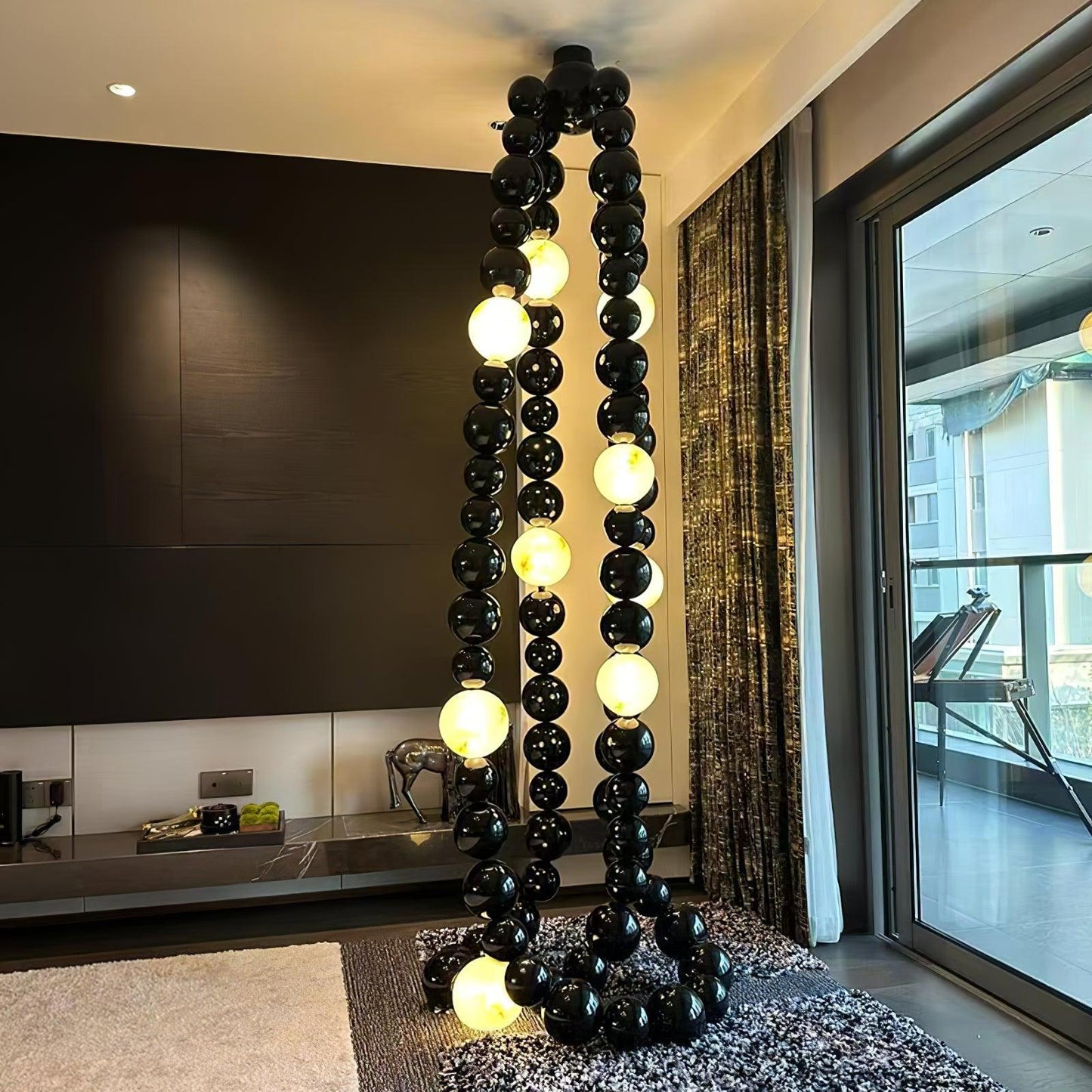 Matte Black Glass Orb Cascading Beads Chandelier