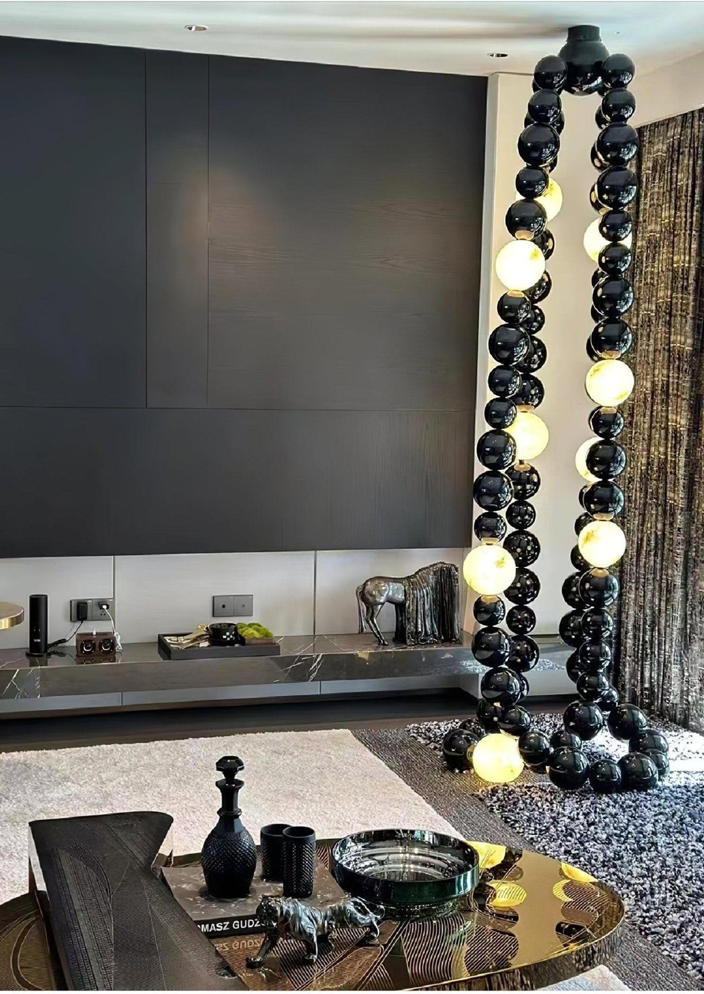 Matte Black Glass Orb Cascading Beads Chandelier