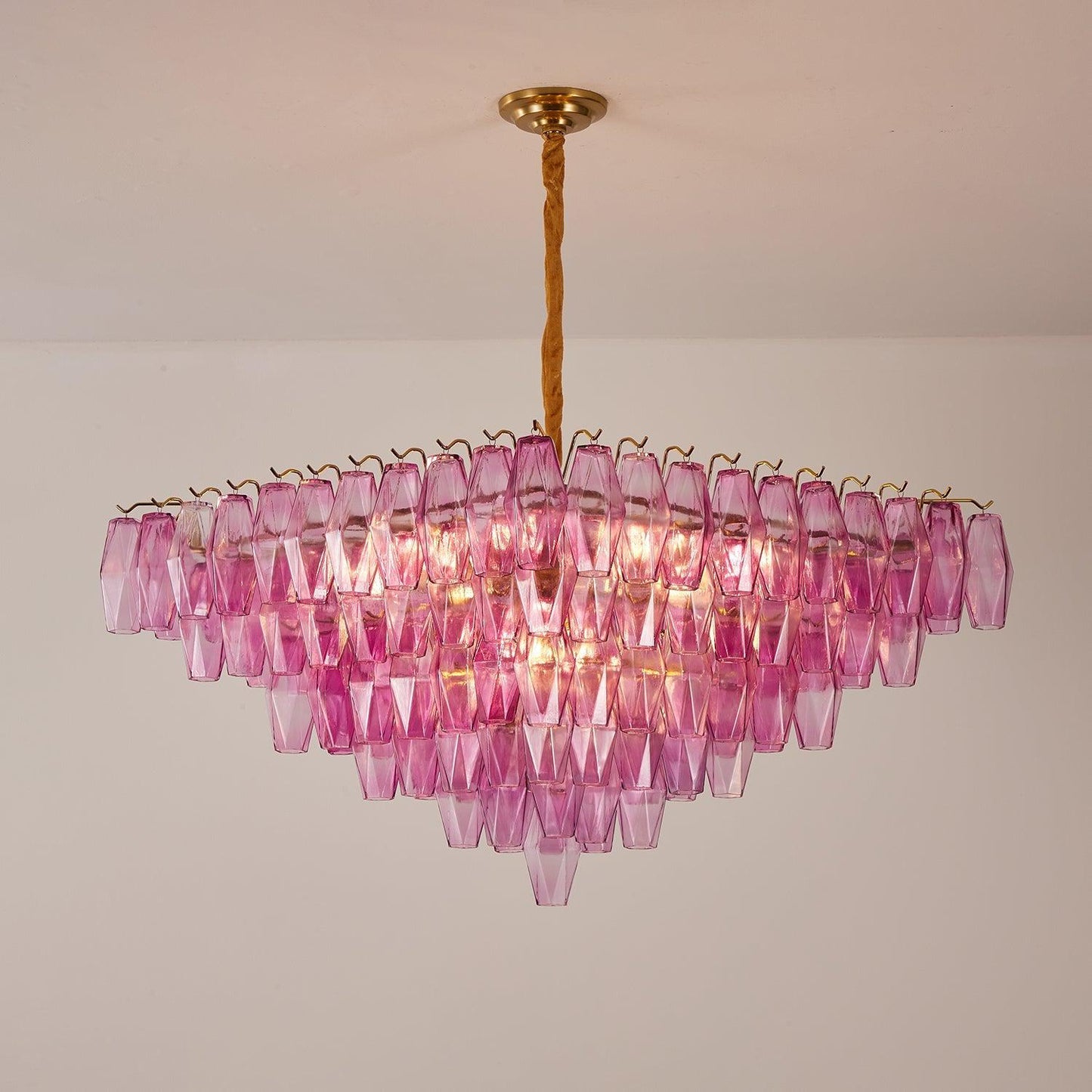 Fuchsia Faceted Glass Prism Inverted Pyramid Chandelier