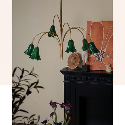 Brass Green Flower Petal Bell Shade Chandelier