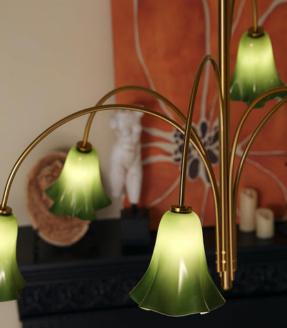Brass Green Flower Petal Bell Shade Chandelier