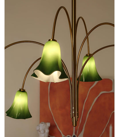 Brass Green Flower Petal Bell Shade Chandelier
