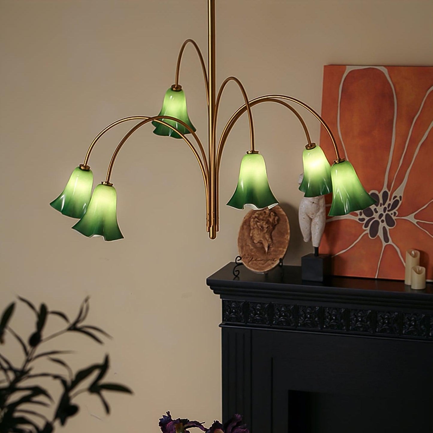 Brass Green Flower Petal Bell Shade Chandelier
