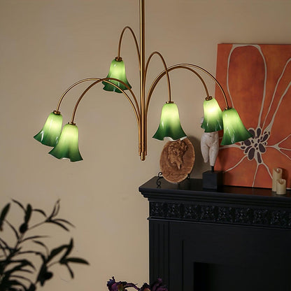 Brass Green Flower Petal Bell Shade Chandelier