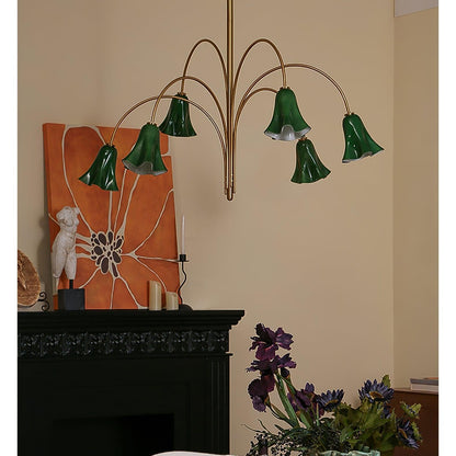Brass Green Flower Petal Bell Shade Chandelier